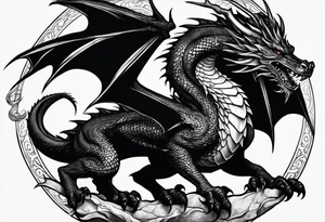 A medieval and powerful black dragon, flinging with a medieval and powerful black dragon. tattoo idea