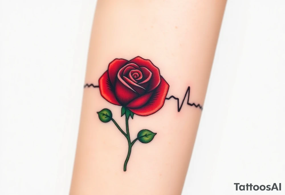 A continuous heartbeat line shaped like a rose, with the petals shaded in rich red and the stem in dark green. tattoo idea