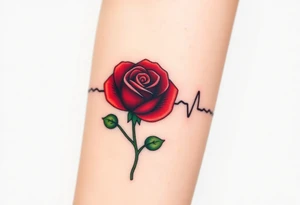 A continuous heartbeat line shaped like a rose, with the petals shaded in rich red and the stem in dark green. tattoo idea