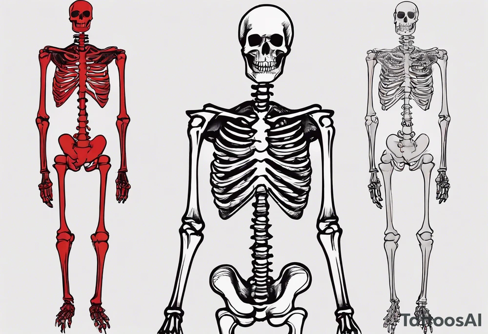 The location of the tattoo is on my left side rib cage.
It should be the size of a postcard, but can extend up/ down. (I'm 185CM tall for reference)
The tattoo should be of a red/white skeleton walking away.
The skeleton should wear a red/ black suit. tattoo idea