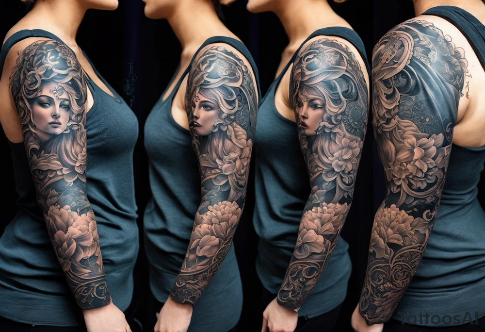 A full tattoo sleeve inspired by Greek mythology, featuring a dark and moody aesthetic with extensive shading. The centerpiece of the sleeve is the Greek goddess Aphrodite, depicted with classical beauty and grace, surrounded by intricate details that emphasize her divine nature. Her flowing hair and robes blend seamlessly into the surrounding elements. Incorporate a mandala effect around Aphrodite, with the mandala patterns subtly woven into the design, adding layers of complexity and depth. The overall theme should be dark, with heavy shading to create a dramatic contrast, evoking a sense of ancient mystery and reverence. The sleeve should also include other mythological elements such as laurel wreaths, classical columns, or ocean waves, to complement Aphrodite’s story and enrich the overall design. The design is for a man and should be masculine. tattoo idea