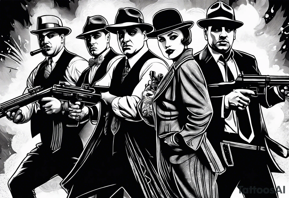 group of gangsters including Al Capone and bonnie and Clyde with machine guns surrounded by smoke and fire tattoo idea