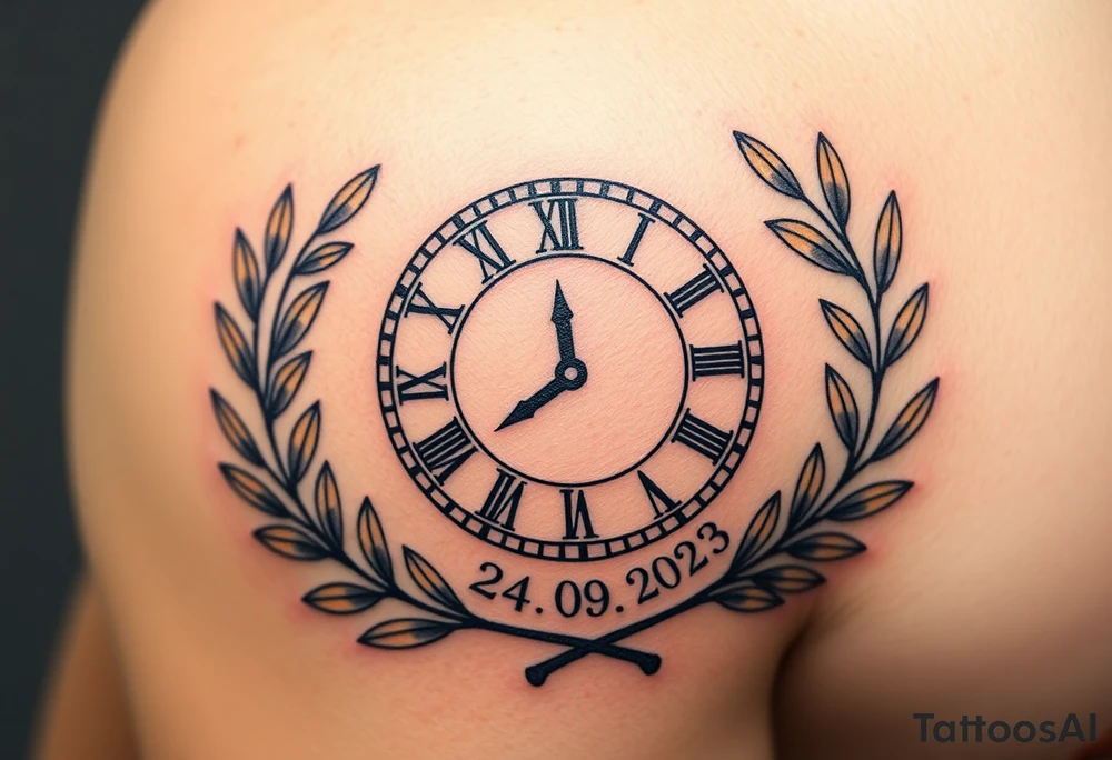 A Roman numeral clock surrounded by olive branches, included baby´s name "Erik" and birth date "24. 09. 2023 in muted green and gold tattoo idea