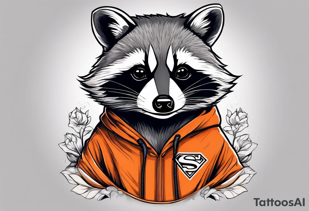 Raccoon wearing an orange Superman hoodie tattoo idea