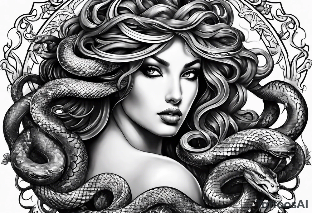beautiful but mysterious medusa with the snakes clearly showing zoomed out tattoo idea