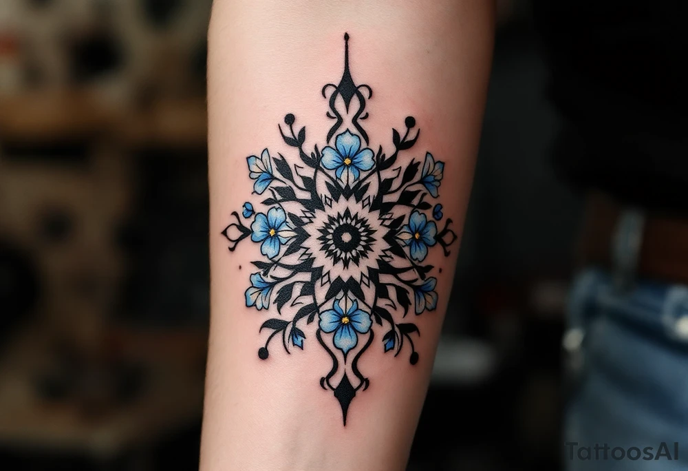 Subtle 23.03.1993 in fine black linework, wrapped in pastel blue forget-me-nots. tattoo idea