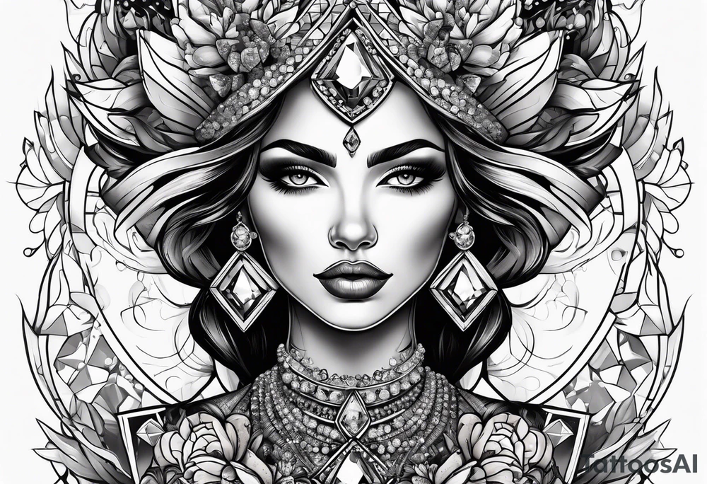 Fancy queen of diamonds and gemstones tattoo idea
