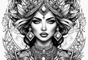 Fancy queen of diamonds and gemstones tattoo idea