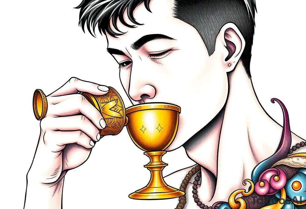 Handsome Asian young guy is drinking from medieval golden cup tattoo idea