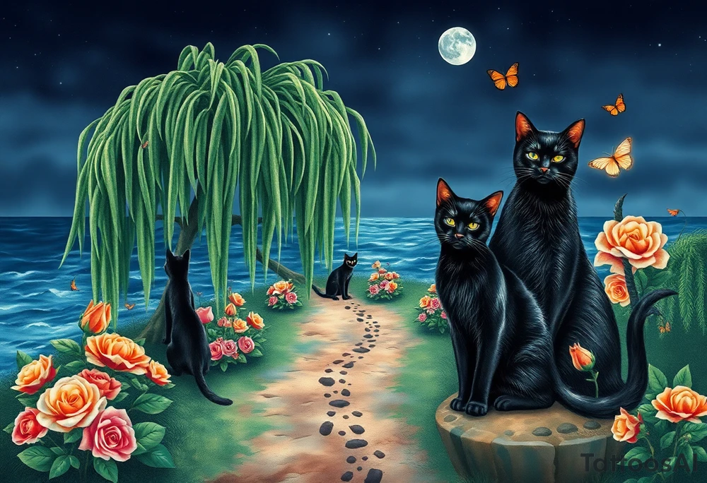 Night time. Ocean.  weeping willow garden with roses and liles flower beds. fantasy creatures, fairies, mermiads, dragons butterflies,  cat paw prints path in dirt. Black and orange cats tattoo idea