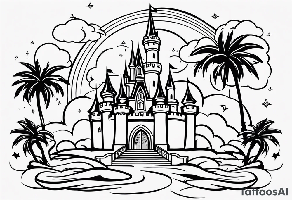disney castle with a lightning storm palm trees and a mickey mouse and celtic symbol for family tattoo idea