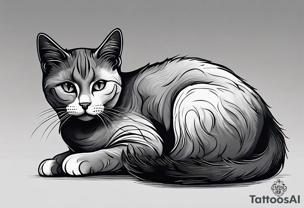 Simple line drawing of a grey cat white some small white patches on her belly and white paws. Face is all grey.  I want her curled up sleeping. She has short hair. tattoo idea