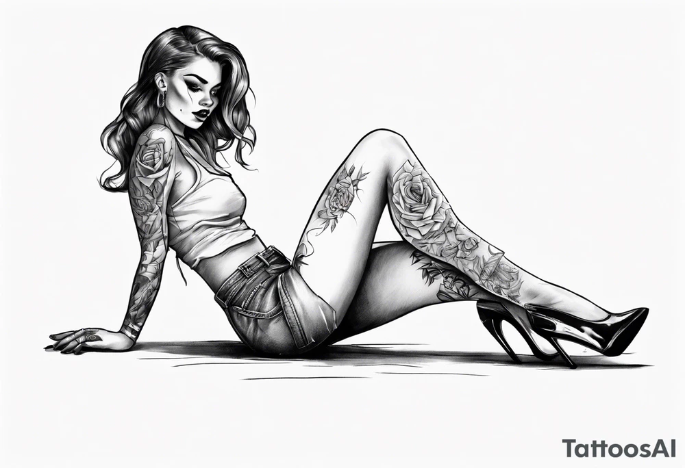 A girl in heels sits on the floor with her legs wide open tattoo idea