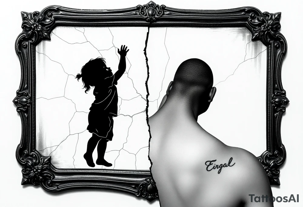 Cracked antique mirror showing dual reflection - silhouette of small child reaching upward on one side and strong adult figure on opposite side, the crack pattern itself helps divide and define the two figures, ornate Victorian frame with geometric elements, optical illusion style where crack separates child from adult, black and grey with subtle shading, upper arm tattoo design tattoo idea