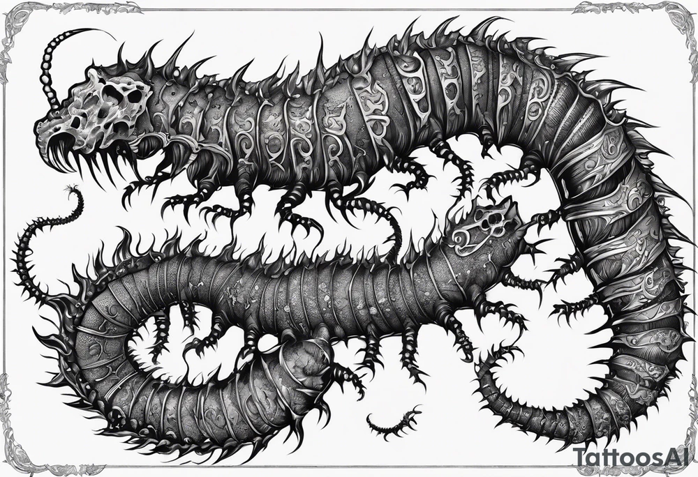 medieval centipede bony exposed bone rotting flesh
 with a fine point and sketch style tattoo idea