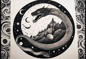 Snakes slithering around the moon phases with hades and Persephone constellations tattoo idea