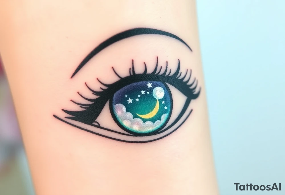 Large outline of an eye shaped like an almond with eye colored greenish blue with long pretty black eyelashes + spade eyeball inside of the eye + a crescent moon stars and clouds inside of the eyeball only + using vivid colors like blue green purple light blue light green light purple tattoo idea