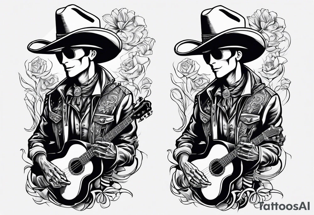 Combintion skeleton cowboy and music tattoo idea