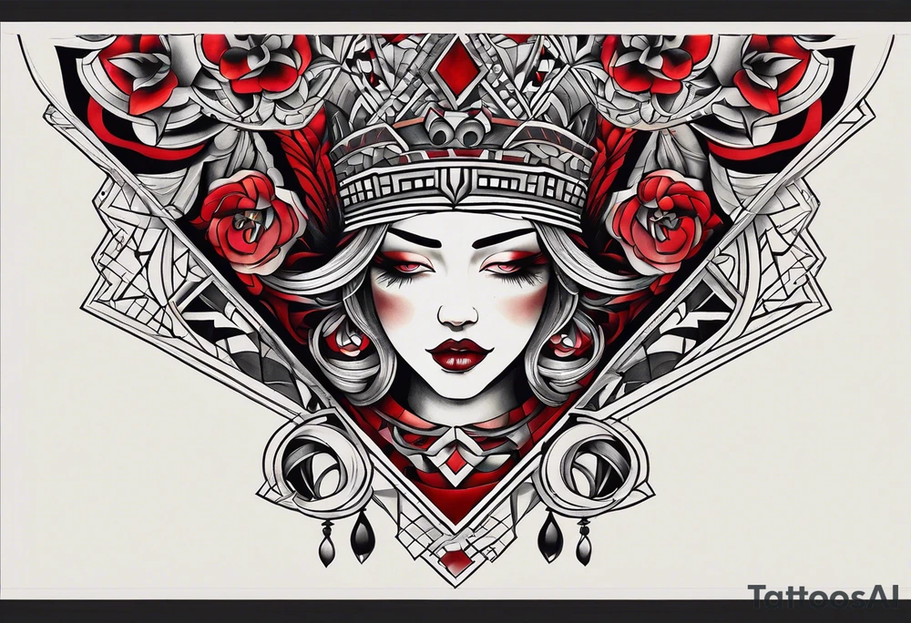semi Detailed neo traditional knee tattoo on paper. The tattoo features geometric patterns and bold lines, creating a visually striking design with slight tints of deep red. tattoo idea