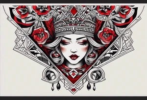 semi Detailed neo traditional knee tattoo on paper. The tattoo features geometric patterns and bold lines, creating a visually striking design with slight tints of deep red. tattoo idea