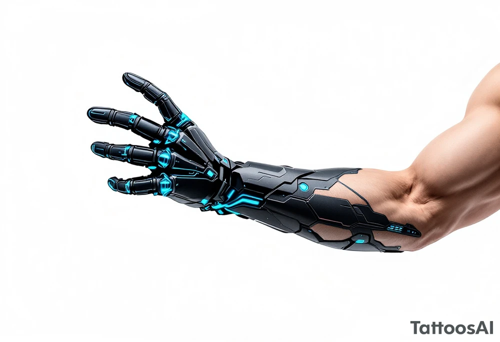 A futuristic robotic glove illusion in matte black and cobalt blue, with neon green circuit tracings. tattoo idea