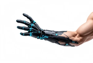 A futuristic robotic glove illusion in matte black and cobalt blue, with neon green circuit tracings. tattoo idea