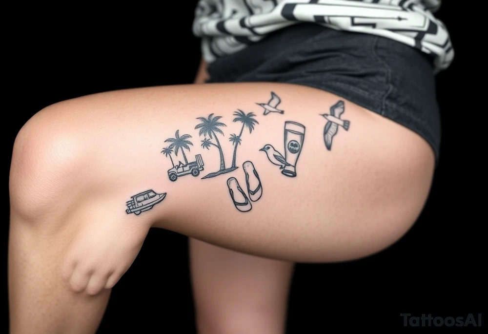 full arm sleeve with individual tattoos that include palm trees, boats, golf cart, birds, sea life, a beer, flips flops tattoo idea