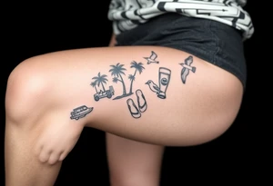 full arm sleeve with individual tattoos that include palm trees, boats, golf cart, birds, sea life, a beer, flips flops tattoo idea