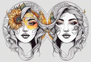 single face 
half of the face is a woman representing the sun, and the second half is a man representing the moon. The sun has a lake, and the moon has a dessert nose are the same tattoo idea