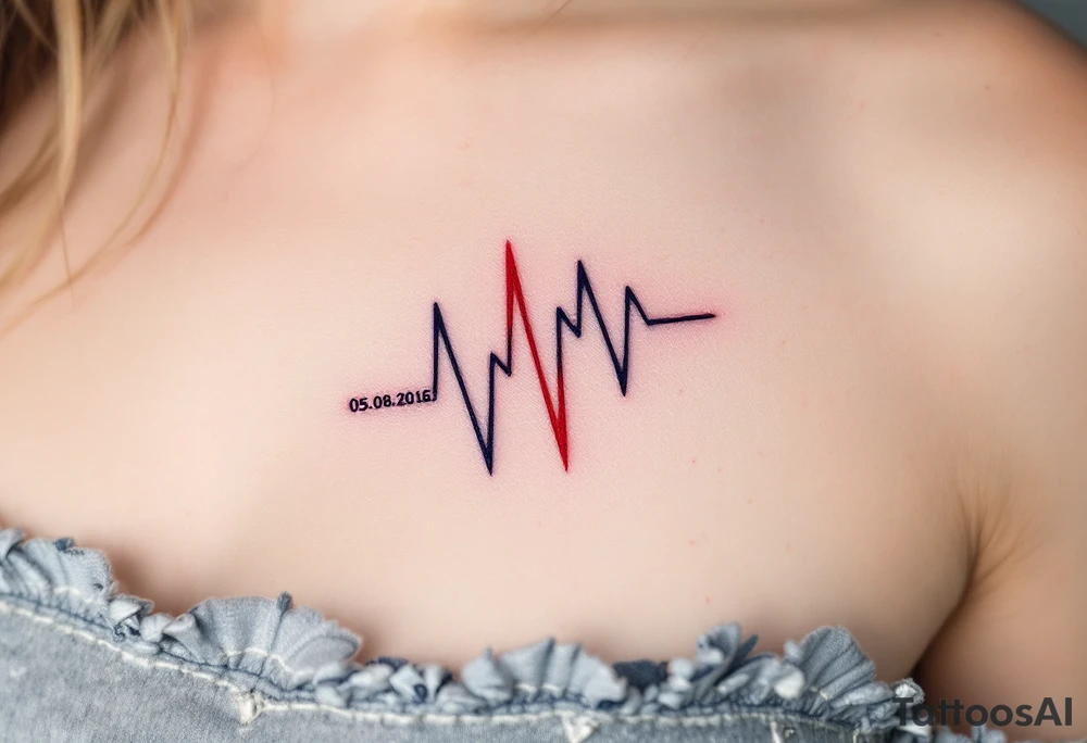 A heartbeat line ending in a red spike with your wedding date (05.08.2016) in cursive on both forearm. tattoo idea