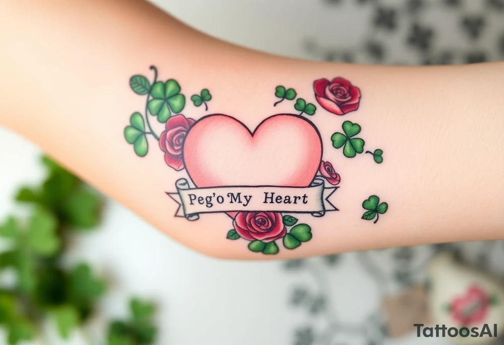 A ton of green shamrocks grouped with red roses and a big pale pink heart with a banner across the heart that says Peg 'o My Heart tattoo idea
