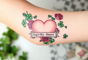 A ton of green shamrocks grouped with red roses and a big pale pink heart with a banner across the heart that says Peg 'o My Heart tattoo idea