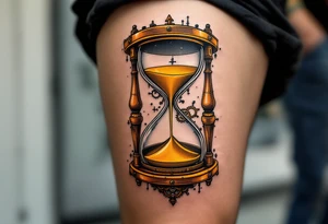 A steampunk-style hourglass with bronze cogs, containing golden sand that flows upwards, defying gravity. tattoo idea