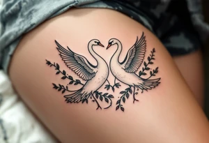 A pair of birds (e.g. swans or robins) in soft hues flying side by side reflects love, teaching, and lifelong companionship. tattoo idea
