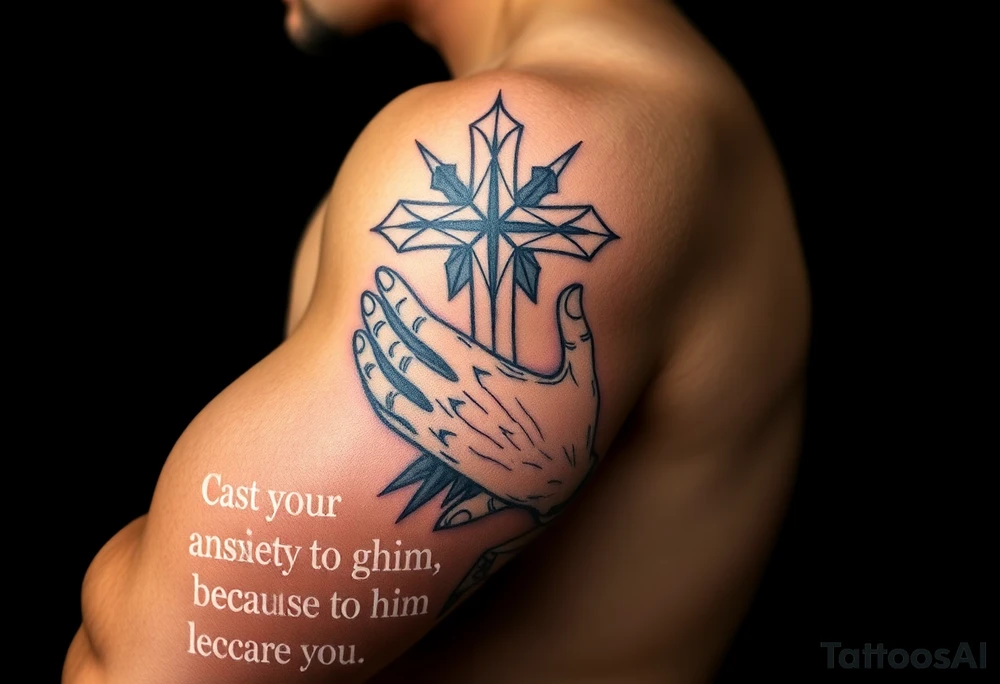 cast all your anxiety on him because he cares for you" with a cross and hands tattoo idea