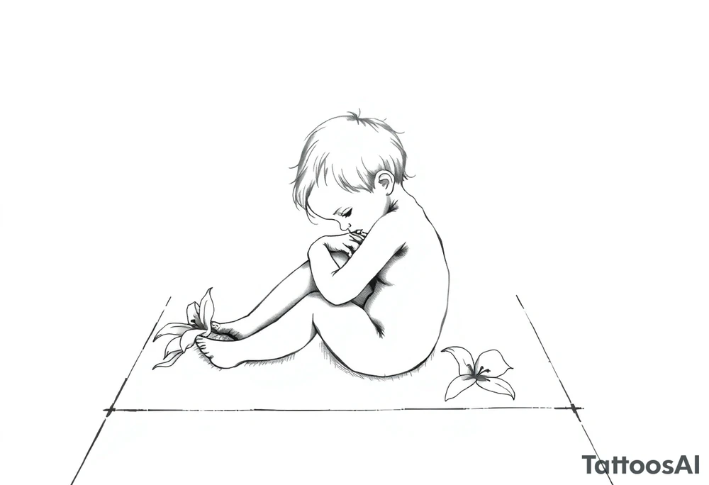 A simple tile floor with a minimalist outline of a curled up child sitting on the floor with a lily next to her tattoo idea