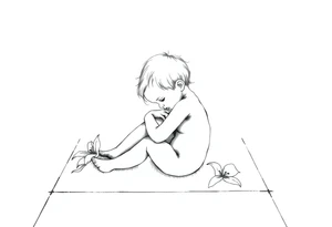 A simple tile floor with a minimalist outline of a curled up child sitting on the floor with a lily next to her tattoo idea