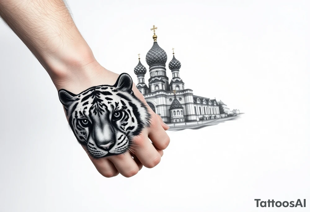 Realistic tiger face on the back of the hand with strong contrast and fine detail with all black eyes. then a highly detailed Russian Orthodox cathedral sitting above on fore arm with onion domes and orthodox crosses, done in fine line, engraving-like style. Cohesive composition, black ink only, no color, high contrast, slightly aged, documentary-style, plain light background. with clouds above and a virgin mary tattoo idea