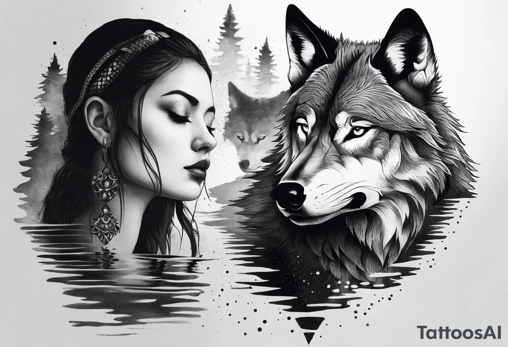 the warrior looks into the water and there is the reflection of a wolf tattoo idea