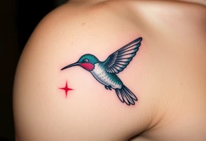 A hummingbird leaving a trail of glowing hieroglyphs as it flies(only red , blue and black are possible colors) tattoo idea