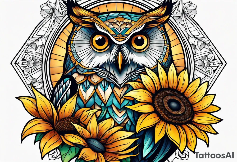 Owl and sunflower sleeve tattoo idea