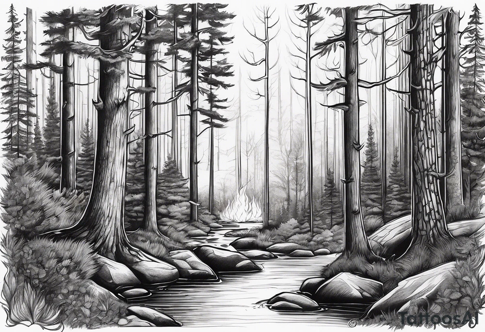 Forest with fire tattoo idea