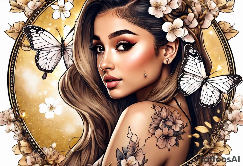 Ariana Grande surrounded in a golden aura with white butterflies and cherry blossoms holding a key that unlocks a heart tattoo idea