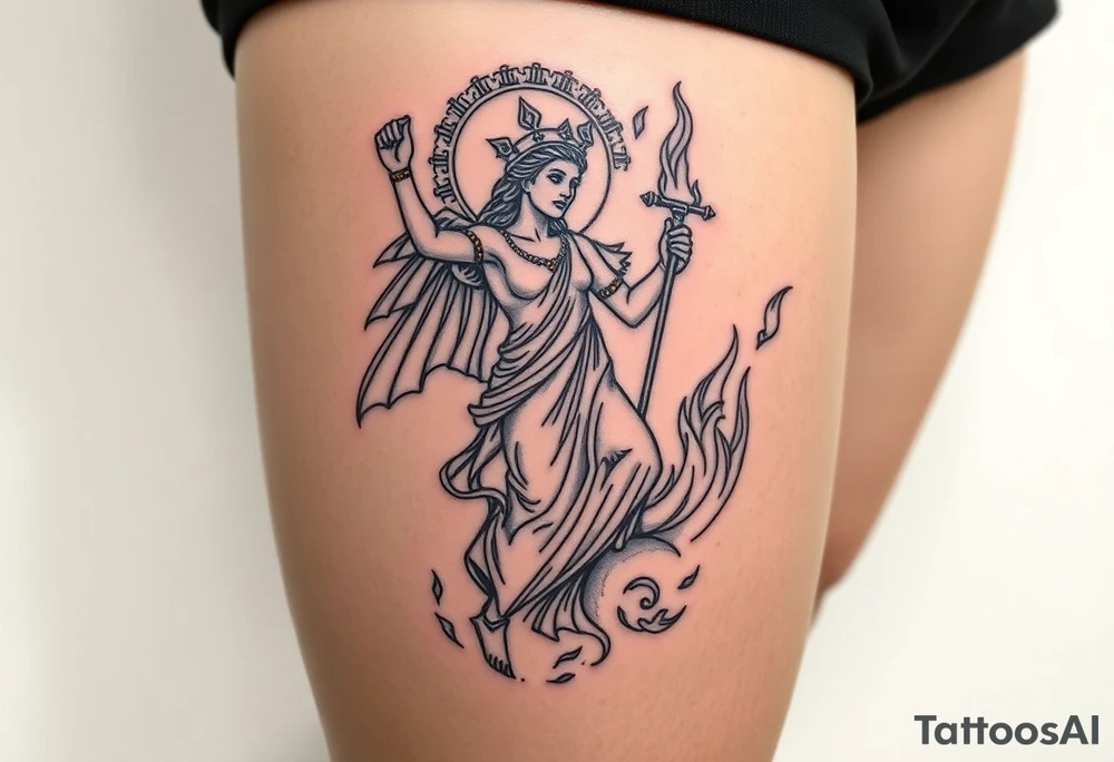 outer thigh tattoo greek sculpture athena and fire
, fine line tattoo idea