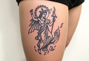 outer thigh tattoo greek sculpture athena and fire
, fine line tattoo idea