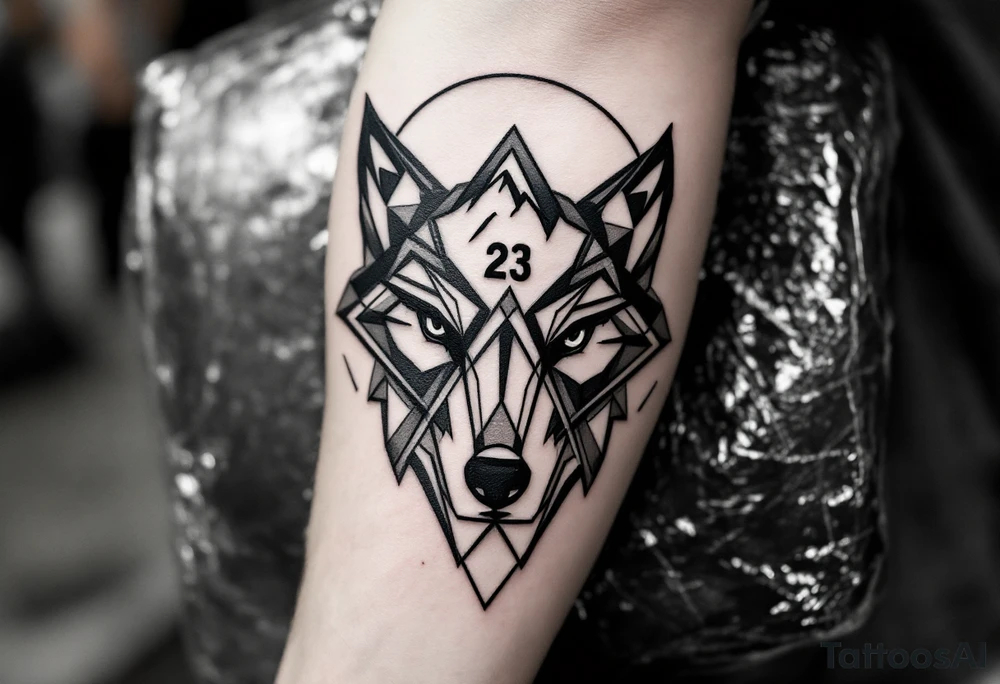 **Tattoo Description for the Left Arm**

The tattoo should be a half-sleeve on the left forearm, in black and gray with simple geometric details and realistic shading.

### **Key Elements:**

1. **Wolf Eyes (Partial)**  
   - Partial wolf eyes with a strong, focused gaze.  
   - Geometric lines to suggest instinct, leadership, and strength.

2. **Number 23**  
   - The number 23 placed near the eyes or subtly in the design.

3. **Mountain or Peak**  
   - A simple mountain above the eyes, representing ambition and the goal of becoming a millionaire by age 37.

4. **Three Interwoven Triangles**  
   - Three interlocked triangles below the eyes, symbolizing family connection and brotherhood.

5. **Motion Lines**  
   - Clean lines suggesting movement, speed, and a dynamic personality.

6. **Nürburgring Curves**  
   - Subtle, abstract curves in the background inspired by the Nürburgring circuit, representing a passion for motorsport.

### **Overall Composition:**
- The wolf's eyes as the central focus.  
- Balanced design with clean lines and smooth shading.
- Geometric and minimalistic style.

This tattoo should convey ambition, strength, growth, family, and a passion for motorsport. tattoo idea