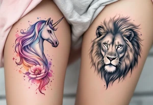 A unicorn for her in soft pastels and a majestic lion for him in grayscale ink on the upper thighs represent fantasy and strength united. tattoo idea