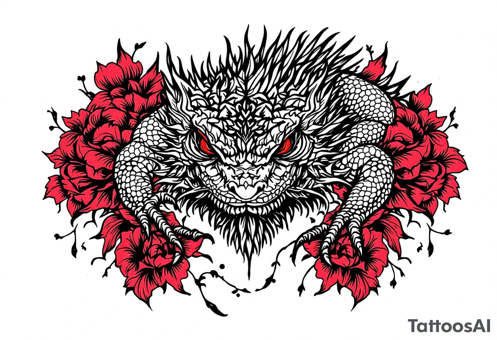 powerful majestic lizard with red eyes, surrounded by red floral ornaments tattoo idea