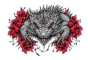 powerful majestic lizard with red eyes, surrounded by red floral ornaments tattoo idea