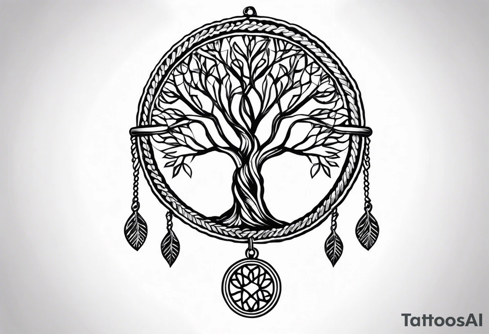 Braided rope wrist tattoo with tree of life in the center with bead work dangling on the hand tattoo idea